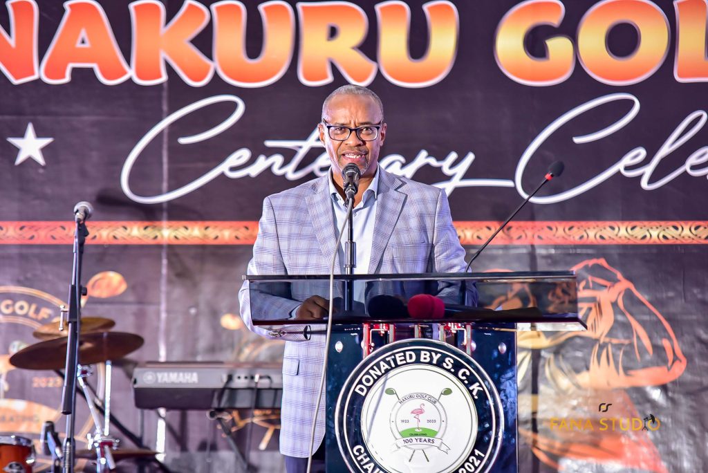 "Water CS Zack Njeru delivering his speech at the NGC Centenary Celebrations in 2023."